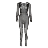 Herbst Mesh Durchsichtige Aushöhlen Cutout Hohe Taille Hose Kein Langer Enger Overall